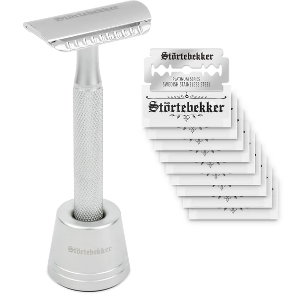 Störtebekker® Premium tıraş makinesi 'Oslo', Störtebekker Premium tıraş makinesi standı 'Oslo' ile birlikte gümüş renkte - zarif mat görünüm, kaymaz sap, sağlam stand - erkek tıraş seti - hediye fikri ürün görseli 1