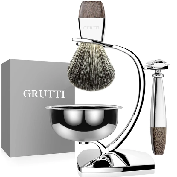 GRUTTI Vintage Deluxe tıraş seti: manyetik hazneli, paslanmaz çelik fırça standlı ve kaymaz tasarımlı ıslak tıraş seti ürün görseli 1