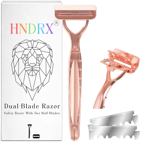HNDRX® tıraş bıçağı erkek tıraş bıçağı kadın çift bıçak sistemi, döner başlıklı paslanmaz çelik ıslak tıraş makinesi, 20 Japon tıraş bıçağı dahil (Rosea Elegans) ürün görseli 1
