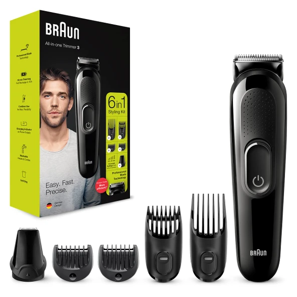 Braun 6'sı 1 Arada Sakal Düzeltici, Saç ve Burun Düzeltici ile Sakal, Yüz ve Saç Düzeltici, Ömür Boyu Keskin Bıçaklı 5 Ek Parça Erkekler için Hediyeler MGK3235 Siyah Tıraş Makinesi ürün görseli 1