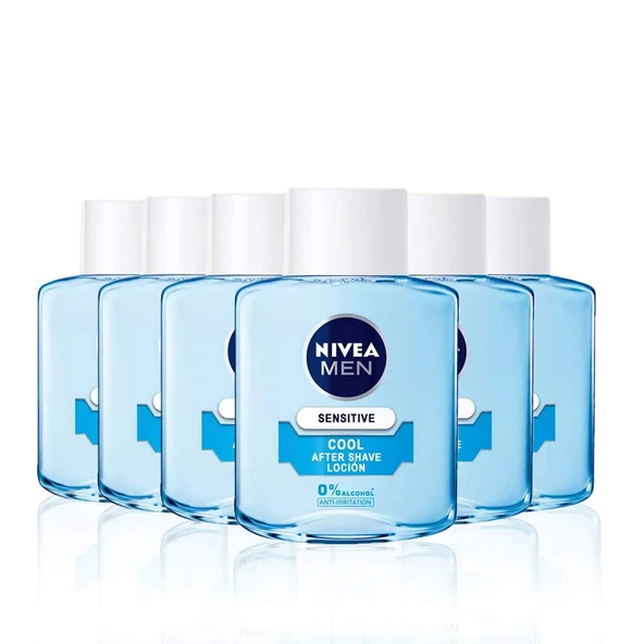 Tahrişleri yatıştırmak için %0 alkol içeren 6'lı pakette (6 x 100 ml) NIVEA MEN Hassas Serin Tıraş Sonrası Losyon, hassas ciltlerin bakımı için yatıştırıcı losyon ürün görseli 1