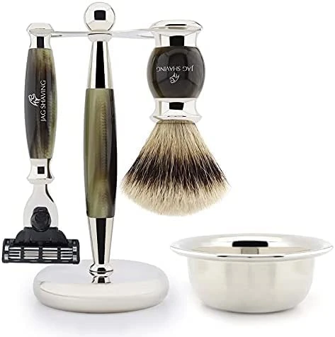 Jag Shaving 3 kenarlı tıraş seti, gümüş uçlu porsuk kıl fırçası, jilet, fırça standı ve kaseyle birlikte ürün görseli 1