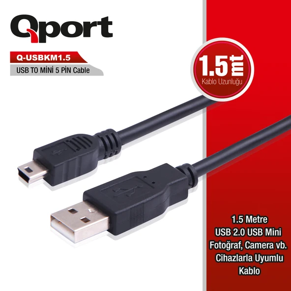 QPORT (Q-USBKM1.5) USB2.0 TO MINI USB 1.5M DATA KABLO ürün görseli 1