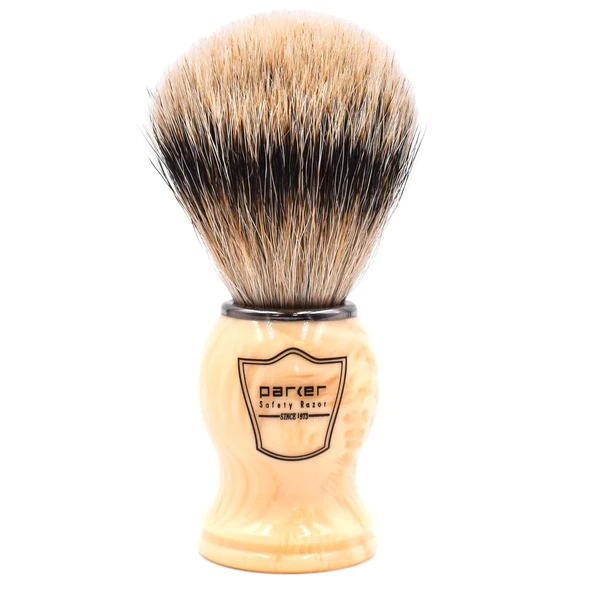 Parker Jiletli Tıraş Makinesi Badger 100% Gümüş Uçlu Porsuk Saç Tıraş Fırçası - Fırça Standı Dahil (Beyaz Saplı) ürün görseli 1