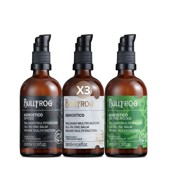 Bullfrog - Kit Balsam Agnostik Efsaneler: Orijinal, Baharatlı ve On The Rocks. Sakal ve saçları cesur ve canlı kokularla besler, nemlendirir ve rahatlatır, 3 x 100 ml ürün görseli 1
