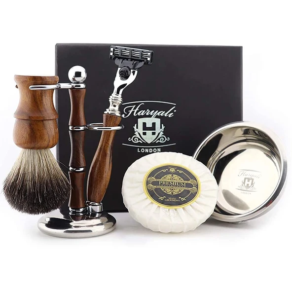 Haryali London Tıraş Seti - 5 Parça Ahşap Tıraş Seti - 3 Bıçaklı Tıraş Makinesi - Porsuk Saç Fırçası - Tıraş Sabunu - Tıraş Kasesi - Tıraş Standı - Hediye Tıraş Seti, Ahşap ürün görseli 1