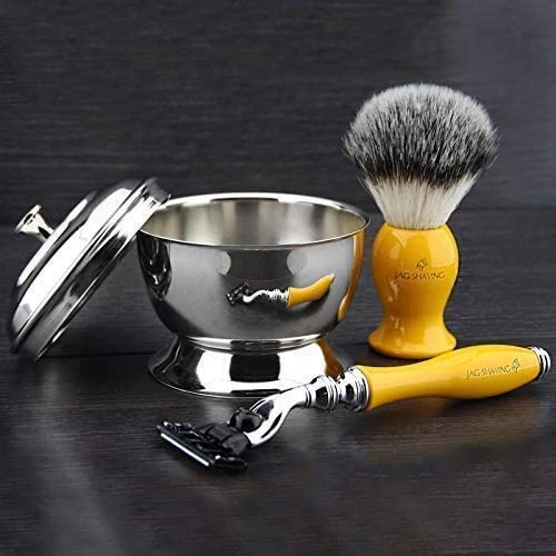 Yellow Collection 3 Parça Tıraş Seti - Jagshaving ile Kullanıma Hazır Gümüş Uçlu Sentetik Porsuk ve Üç Kenarlı Kartuş Uyumlu Jilet + Kapaklı Paslanmaz Çelik Tıraş Kasesi ürün görseli 1