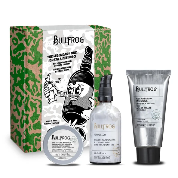 Bullfrog - The Legendary One 3'ü 1 arada bakım seti, sınırlı sayıda, orijinal çok işlevli balsam 100ml, görünmez tıraş jeli 100ml ve görünmez şekillendirme jeli 50ml ürün görseli 1