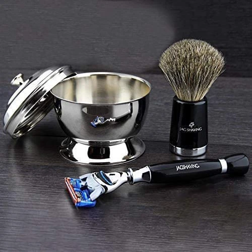 Lüks Super Badger Tıraş Seti Jagshaving Selection Super Badger ve 5 Kenarlı Kartuş Uyumlu Jilet + Kapaklı Paslanmaz Çelik Tıraş Kasesi > Özel Yeni Baskı - Kırılmaz Reçine Kulplar ürün görseli 1