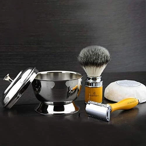 Classic De Safety Islak Tıraş Seti - Vintage Stil Seti Gümüş Uçlu Sentetik Porsuk ve Klasik İki Taraflı Jiletli Tıraş Makinesi + Kapaklı ve Sabunlu Paslanmaz Çelik Tıraş Kasesi ürün görseli 1