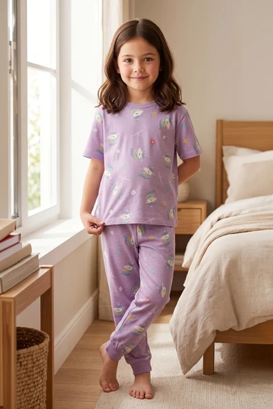 Unicorn Desenli Kısa Kollu %100 Pamuk Kız Çocuğu Pijama Takımı ürün görseli 1