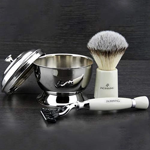 3 Parça Jag Shaving Tıraş Seti - Kullanıma Hazır Jagshaving Gümüş Uçlu Sentetik Porsuk ve Üçlü Kenar Uyumlu Jilet + Kapaklı Paslanmaz Çelik Tıraş Kasesi ürün görseli 1