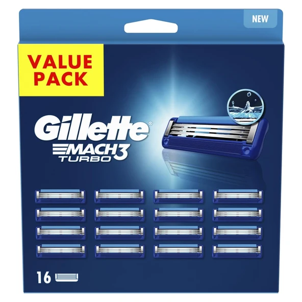 Gillette Mach3 Turbo Erkek Tıraş Bıçağı, 3 Bıçak, 16 Yedek Bıçak ürün görseli 1