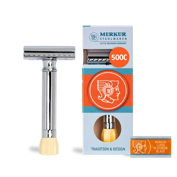MERKUR Ayarlanabilir Jiletli Tıraş Makinesi 500C | Klasik parlak krom | İki parçalı düz kesim jilet | Islak tıraş için ideal | Çinko basınçlı döküm | Pirinç sap | Almanya'da yapıldı ürün görseli 1