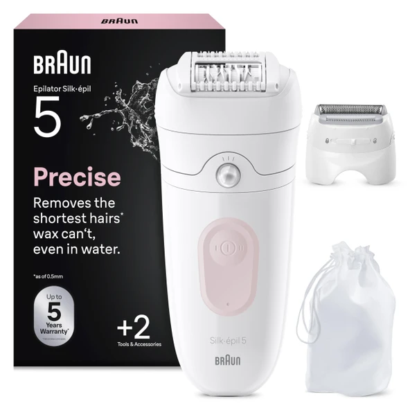 Braun Silk·épil 5 Kadınlar için Epilatör, Kolay Epilasyon, Uzun Ömürlü Pürüzsüz Cilt, Islak ve Kuru, Bayan Tıraş Makinesi, Su Geçirmez - Dahil. Tıraş Aparatı ve Düzeltici Aparatı - 5-030, Pembe ürün görseli 1