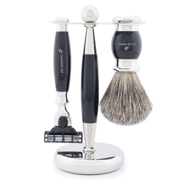 Jag Shaving tıraş seti - 3 parçalı tıraş seti ve tıraş fırçası - 3 tıraş bıçağı emniyetli jilet - süper porsuk kılı tıraş fırçası - tıraş standı - hediye seti olarak siyah tıraş seti ürün görseli 1