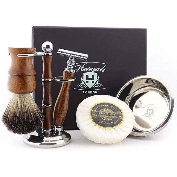 Haryali London tıraş seti - 5 parçalı ahşap tıraş seti - çift kenarlı jilet - porsuk kıl tıraş fırçası - tıraş sabunu - tıraş kasesi - tıraş standı - hediyelik ahşap tıraş seti ürün görseli 1