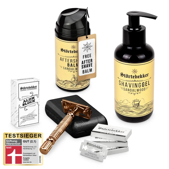 Störtebekker® Premium Rise 'N Shine Tıraş Seti - erkekler için tıraş seti - tıraş bıçağıyla (pembe - altın), dahil. kutu (siyah) ve 10 bıçak, tıraş jeli, tıraş sonrası balsam ve şap taşı - tıraş seti ürün görseli 1