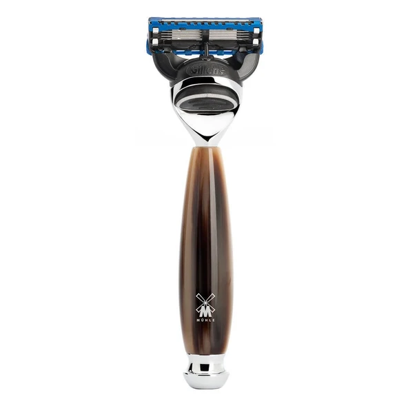 MÜHLE Vivo 5 bıçaklı tıraş makinesi, Gillette bıçaklarla uyumlu - boynuz kahverengi değerli reçineden ve metal detaylardan yapılmış sap ürün görseli 1
