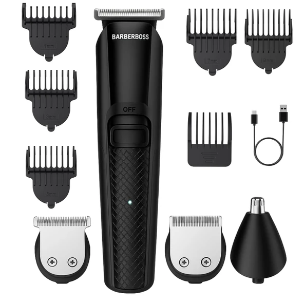 BarberBoss Erkekler için Kablosuz Giyotin Seti: Sakal, Saç, Burun ve Kulak Kesme Makinesi, 6 Ekli Taraklar, LED Şarj Göstergesi, Su Geçirmez Tasarım, Erkek Saç Kesme Makinesi (Siyah) ürün görseli 1