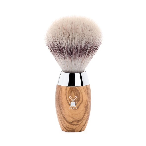 MÜHLE Kosmo tıraş fırçası - Silvertip Fiberden yapılmış tıraş fırçası - zarif zeytin ağacı sap - metal detaylar - el yapımı - vegan ürün görseli 1