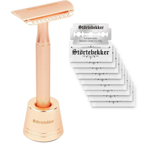 Störtebekker® Premium tıraş makinesi 'Oslo', pembe altın Störtebekker Premium tıraş standı 'Oslo' ile birlikte - zarif mat görünüm, kaymaz sap, sağlam stand - erkek tıraş seti - hediye fikri ürün görseli 1