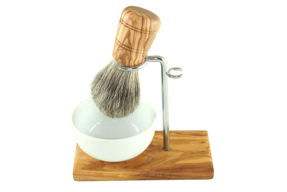 D.O.M. Tıraş fırçası seti CLASSIC 3 parça zeytin ağacından yapılmış, yuvarlak porselen kase Ø 8,5 cm + tıraş bıçağı tutucusu ürün görseli 1