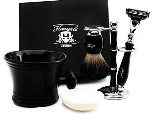 Erkek tıraşı için beş parçalı tıraş seti | Kit, saf porsuk tıraş fırçası, 3 kenarlı tıraş makinesi, tıraş kasesi, tıraş fırçası tutucusu ve tıraş sabunu içerir. ürün görseli 1