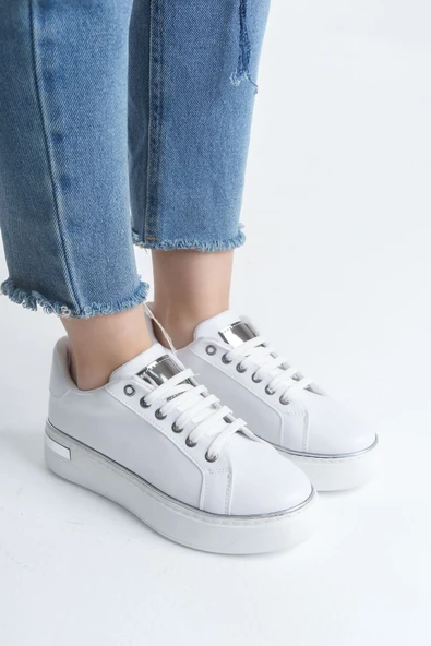 MINA Bağcıklı Ortopedik Taban Kadın Sneaker Spor Ayakkabı  CBT - Beyaz/Gümüş ürün görseli 1