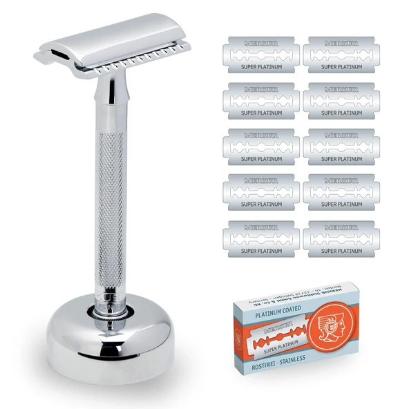 MERKUR tıraş makinesi seti 23C, birinci sınıf tıraş makinesi, tıraş standı ve 10x platin bıçak dahil | Parlak krom | Kapalı Tarak | Islak tıraş için ideal | Almanya'da yapıldı ürün görseli 1