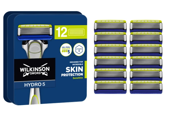 WILKINSON SWORD - Hydro 5 Erkek Tıraş Bıçağı | Nemlendirici jel ve katlanabilir düzeltici | 12'li tıraş bıçağı paketi ürün görseli 1