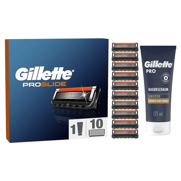 Gillette ProGlide tıraş bıçakları ve tıraş makineleri için sakal bakım seti, erkek ıslak tıraş makineleri için 10 yedek bıçak + Gillette PRO Hassas tıraş köpüğü 175 ml, erkekler için hediye ürün görseli 1