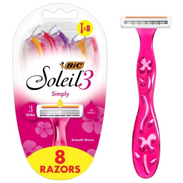 BIC Soleil 3 Simply Tek Kullanımlık Kadın Tıraş Makinesi, 3 Bıçaklı, Nem Bantlı ve Rahat Tutuşlu, 8'li Paket ürün görseli 1