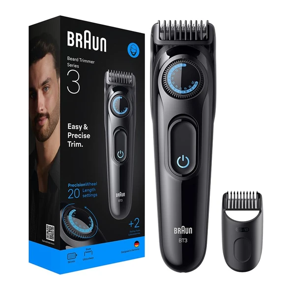 Sakal düzeltici serisi 3 BT3500, 0,5-10 mm hassas tarak, ultra keskin bıçak, 50 dakika pil ömrü, 20 uzunluk ayarı, Almanya'da tasarlanmıştır, siyah ürün görseli 1