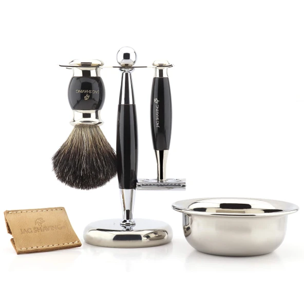 Jag Shaving lüks erkek tıraş seti, çift taraflı tıraş bıçağı, tıraş fırçası, tıraş fırçası, stand, kase ve deri tıraş bıçağı kılıfından oluşur ürün görseli 1