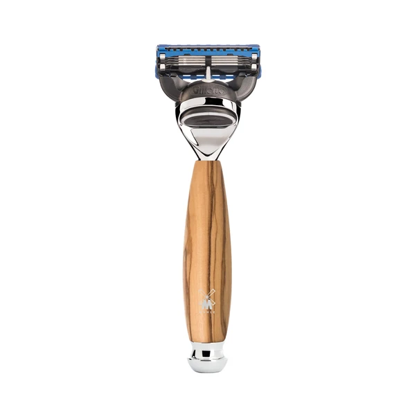 Gillette bıçaklarıyla uyumlu MÜHLE Vivo sistemli tıraş makinesi - kaliteli zeytin ağacından yapılmış sap, krom kaplama metal vurgular ürün görseli 1
