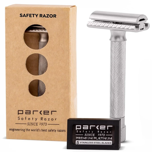 Parker Jiletli Tıraş Makinesi Varyantı Ayarlanabilir iki taraflı tıraş bıçağı ve 5 premium bıçak - saten krom kaplama ürün görseli 1