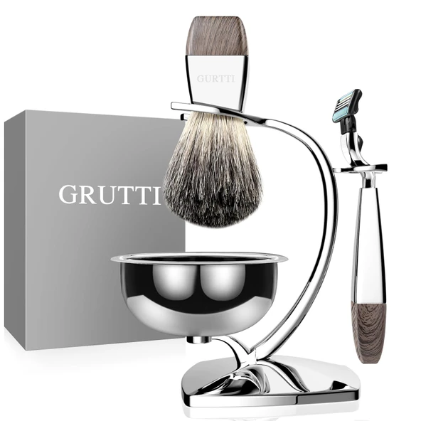 GRUTTI tıraş seti, tıraş kasesi ve porsuk kılı tıraş fırçası ve Mach 3 ile uyumlu tıraş makinesi ile tıraş bıçağı standı, lüks tıraş makinesi ve kromdan yapılmış fırça tutucusu ürün görseli 1