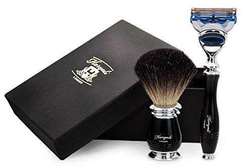 Siyah metal saplı saf siyah porsuk saç tıraş fırçası | Siyah Saplı 5 Kenarlı Tıraş Makinesi - Erkekler için Pürüzsüz Görünüm için Mükemmel Set ürün görseli 1