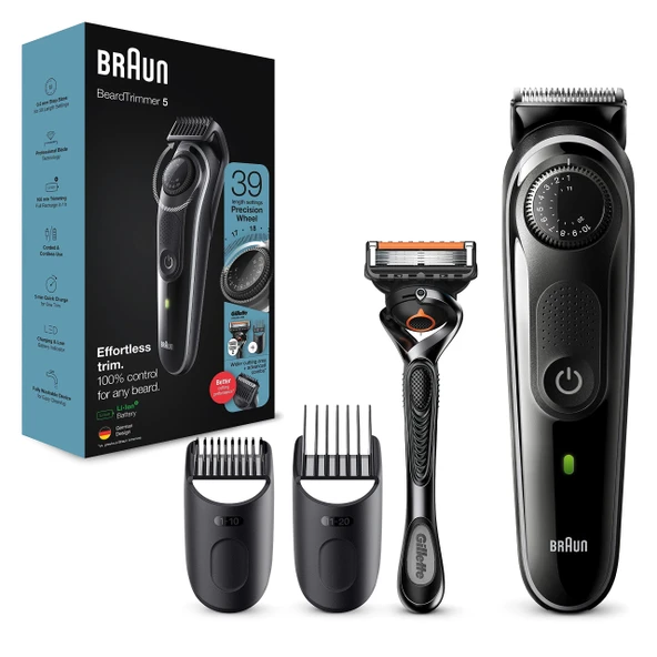 Braun Sakal Kesme Makinesi 5, Erkekler için Düzeltici/Saç Kesme Makinesi, Saç Kesme Makinesi, Yüz ve Saç Tüyleri için, Ömür Boyu Keskin Bıçaklar, 39 Uzunluk Ayarı, Kocaya Hediye, BT5342, Siyah/Gri ürün görseli 1