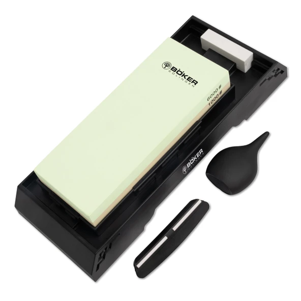 BÖKER SOLINGEN® Kombi su taşı bileme istasyonu 1000/6000 - bıçaklar için profesyonel bileme taşı - birinci sınıf ıslak öğütücü bileme taşı - çift taraflı su taşı - 20° açılı kılavuzlu bileme taşı seti ürün görseli 1