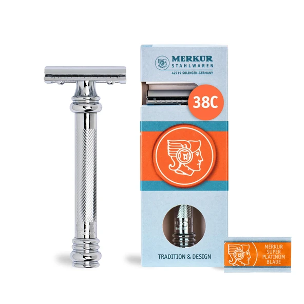 MERKUR tıraş bıçağı 38C | Berber Direği Parlak Krom | İki parçalı düz kesim jilet | Kapalı Tarak | Islak tıraş için ideal | Çinko basınçlı döküm | Pirinç sap | Almanya'da yapıldı ürün görseli 1