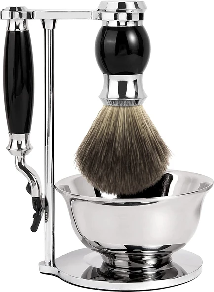 Gillette Mach3 için tıraş seti - paslanmaz çelik hazne, metal tutucu ve sentetik fırçadan oluşan eksiksiz paket | Mach3 bıçaklara uygun sap | Banyolar için Sağlam ve Şık | Tahriş etmeden nazik tıraş ürün görseli 1