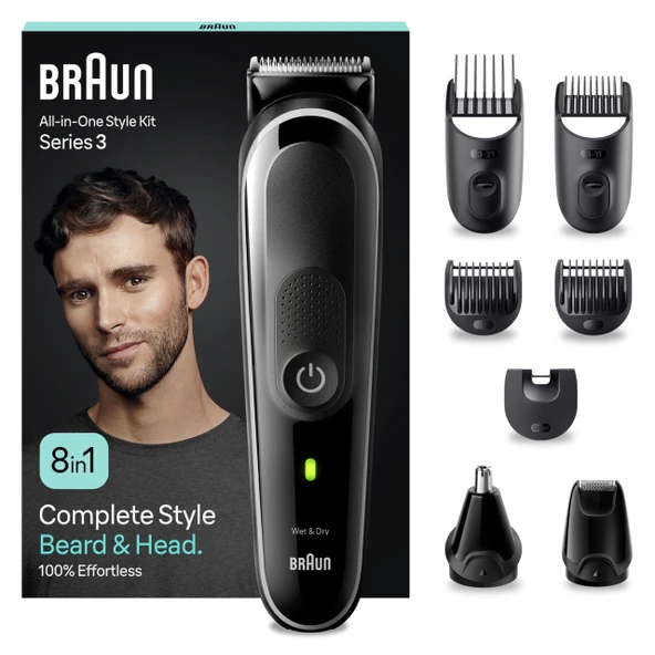 Braun Hepsi Bir Arada Giyotin Seti 3, 8'i 1 Arada Çoklu Bakım, Sakal Kesme Makinesi, Burun Kılı Kesme Makinesi, Yüz ve Kafa için Saç Kesme Makinesi, 80 Dak. Pil, 14 Uzunlukta (3-21 mm), MGK3440, Siyah ürün görseli 1