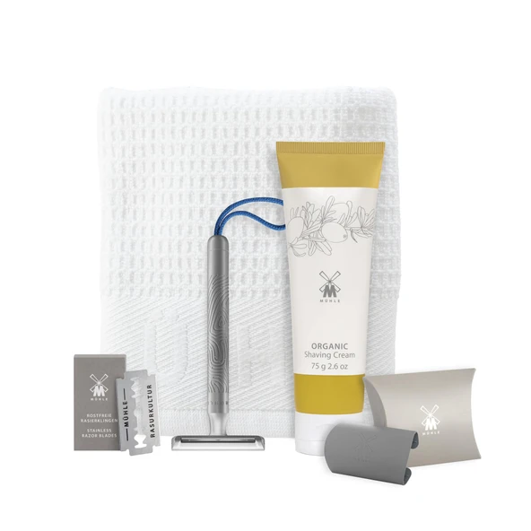 MÜHLE Companion tıraş seti 5 parça - mavi kordonlu, bıçaklı, krem, kumaşlı unisex tıraş makinesi - vegan, sürdürülebilir ürün görseli 1