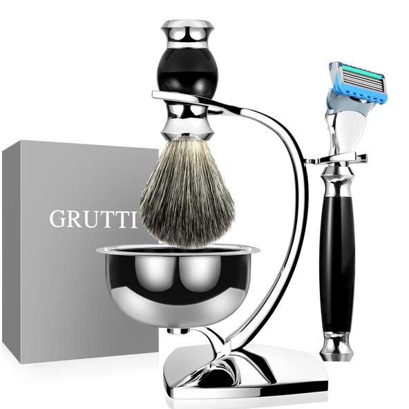 GRUTTI Premium Erkekler için 4'ü 1 Arada Islak Tıraş Seti - Manyetik Paslanmaz Çelik Kase + Çinko Alaşımlı Stand + Tıraş Fırçası + Fusion 5 Uyumlu Bıçak ürün görseli 1