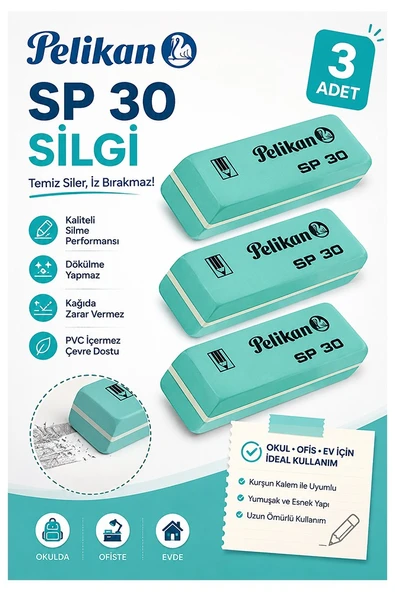 Yeşil Silgi Orta Boy Pvc Silgi 3 Adet Pelikan Yeşil Yumuşak Silgi Ufalanmayan Okul Büro Yerli Üretim Ekstra Yumuşak ürün görseli 1