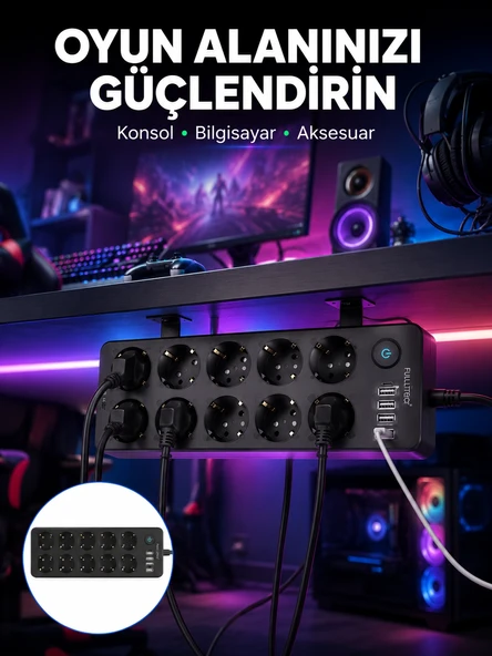 Usb Ve Type-c Çıkışlı 10'lu Akım Korumalı Çoklu Priz Güç Dağıtıcı ürün görseli 1