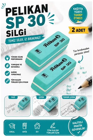 Yeşil Silgi Orta Boy Pvc Silgi 2 Adet Pelikan Yeşil Yumuşak Silgi Ufalanmayan Okul Büro Yerli Üretim Ekstra Yumuşak ürün görseli 1