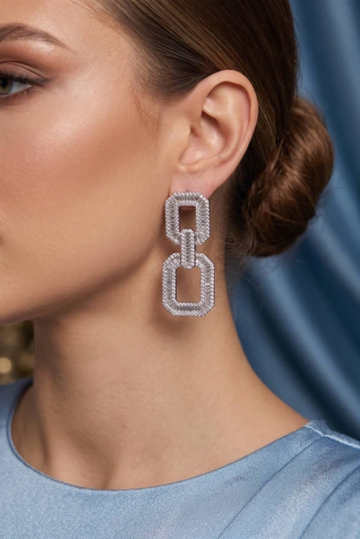Gümüş Renk Zirkon Taşlı Kare Model Kadın Abiye Küpe - EBJ260701W44209 ürün görseli 1